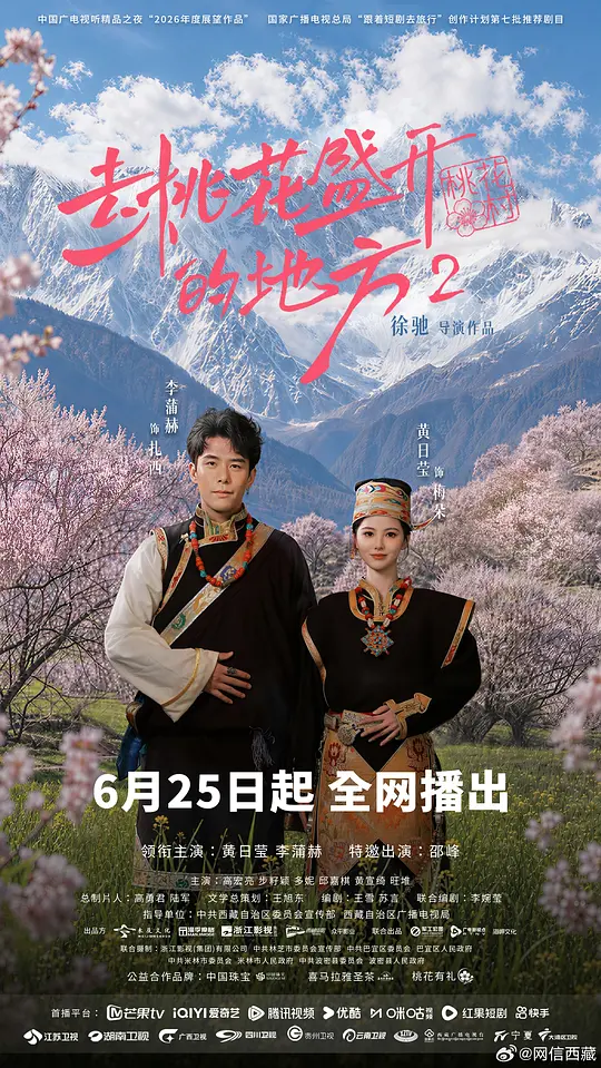 alt="[电视剧]《去桃花盛开的地方2》(2026)宣传海报，呈现女博士、失意父亲与非遗传承人等角色群像，展现西藏桃花村中返乡、守护与传承的温暖故事。"