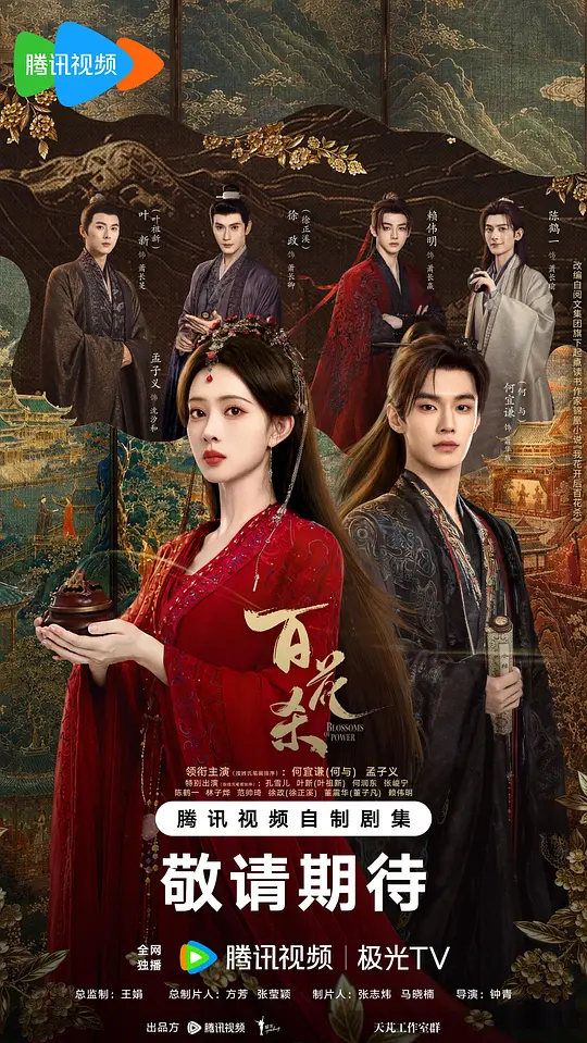 [电视剧]《百花杀》(2026)宣传海报，呈现孟子义饰演的昭宁郡主与何与饰演的东宫储君萧华雍相视而立的场景，展现古装权谋爱情中相互算计与生死相托的核心氛围。