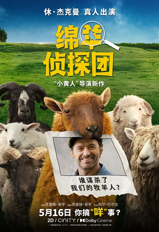 [电影]《绵羊侦探团》(2026)宣传海报，呈现休·杰克曼饰演的牧羊人与一群羊在牧场场景，展现动物破案的喜剧悬疑氛围。